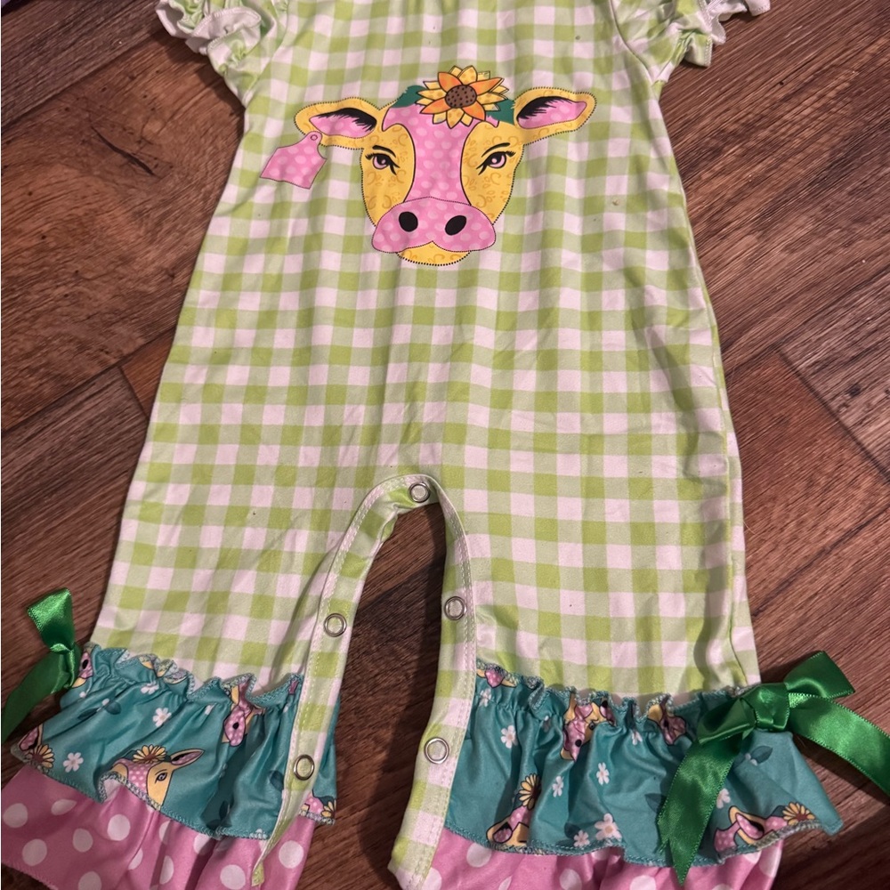 Green Checkered Kids One Piece with Cow Design